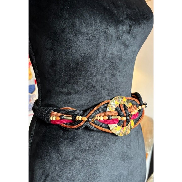 Vintage Boho Woven Cord Belt Rope Braid Wood Beads Brass Hook Batik Center 90s - Picture 4 of 7